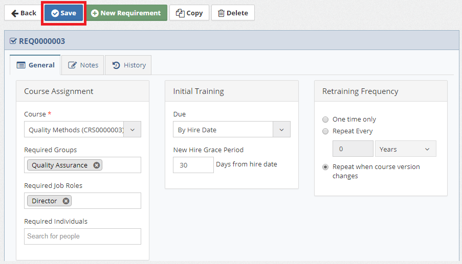 Click Save Requirement
