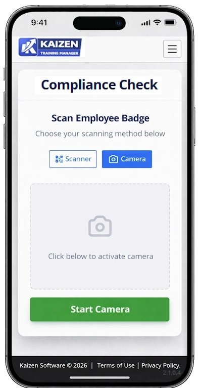 The Compliance Check page in Camera Mode with the live camera preview active