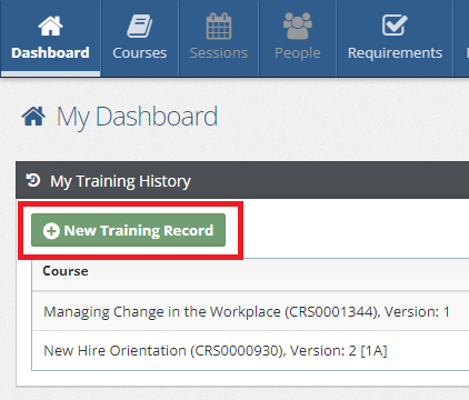 My Dashboard New Training Record Button