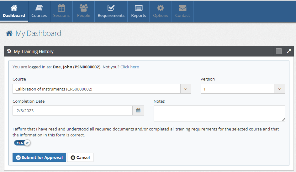 My Dashboard Training Record Form