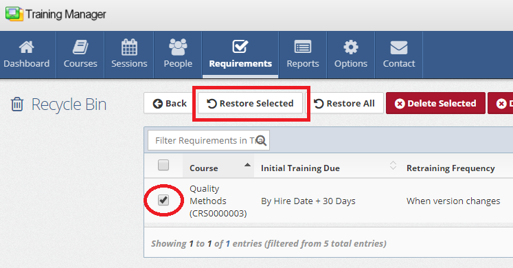 Restore Selected Requirement